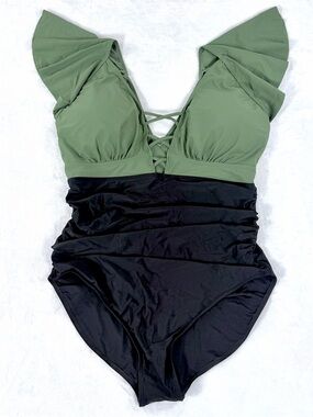 Blooming Jelly Swimsuit XXL Green Black Flutter Sleeve Strappy Front Ruched NWT